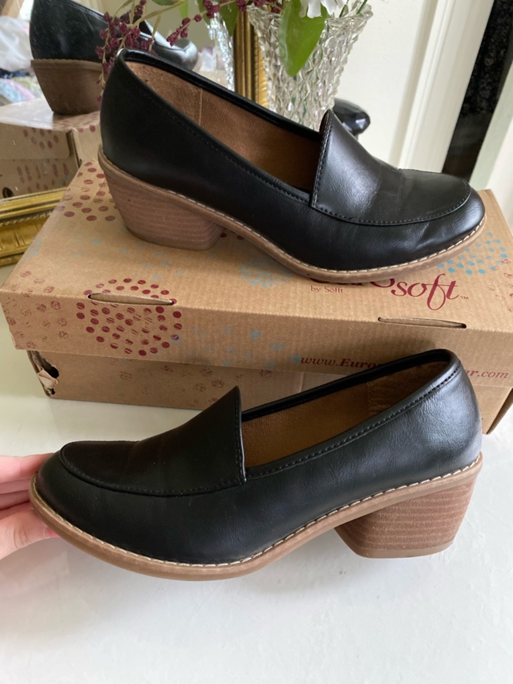 Eurosoft “Cadwyn” Black Block-Heel Slip-On Heeled Loafer, 7.5